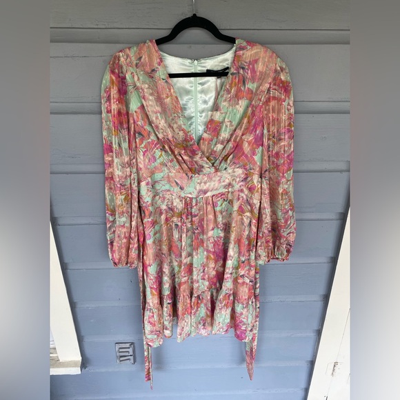 Alex Marie Simone Pink Teal Floral Long Sleeve Tiered Dress Vneck Sz 14 BNWT - Picture 2 of 5